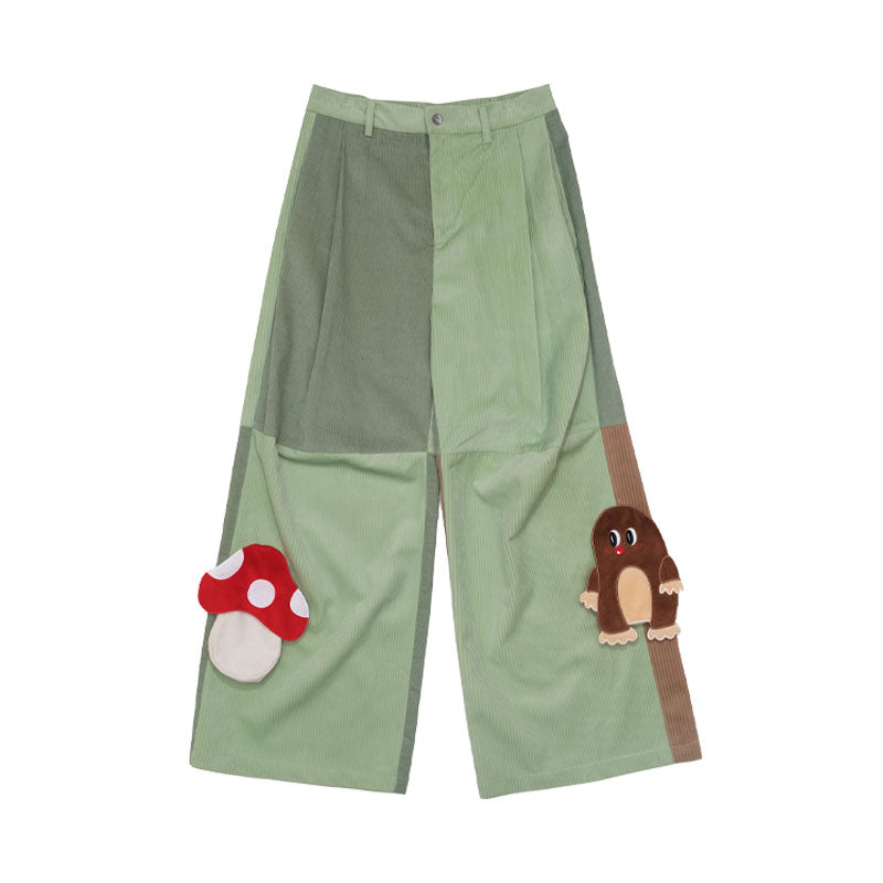 Color Block Wide Leg Pants with Mushroom and Mole Appliques