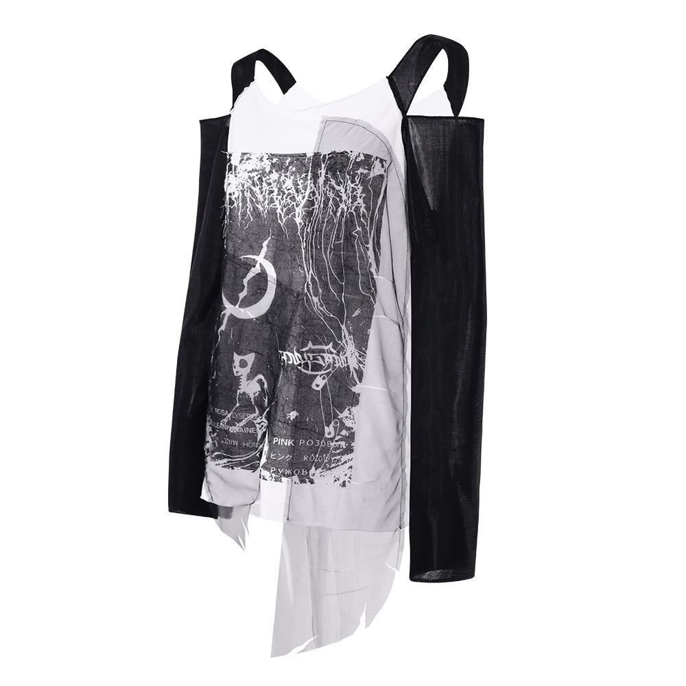 PINKSPINK Gothic Graphic Tank Top with Mesh Sleeves - White/Black