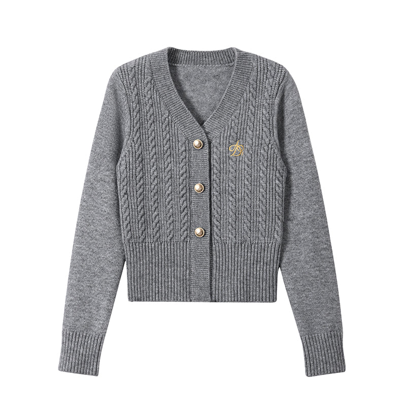 Classic Gray Cable Knit Cardigan: V-Neck Button-Front Sweater with Embroidered Logo