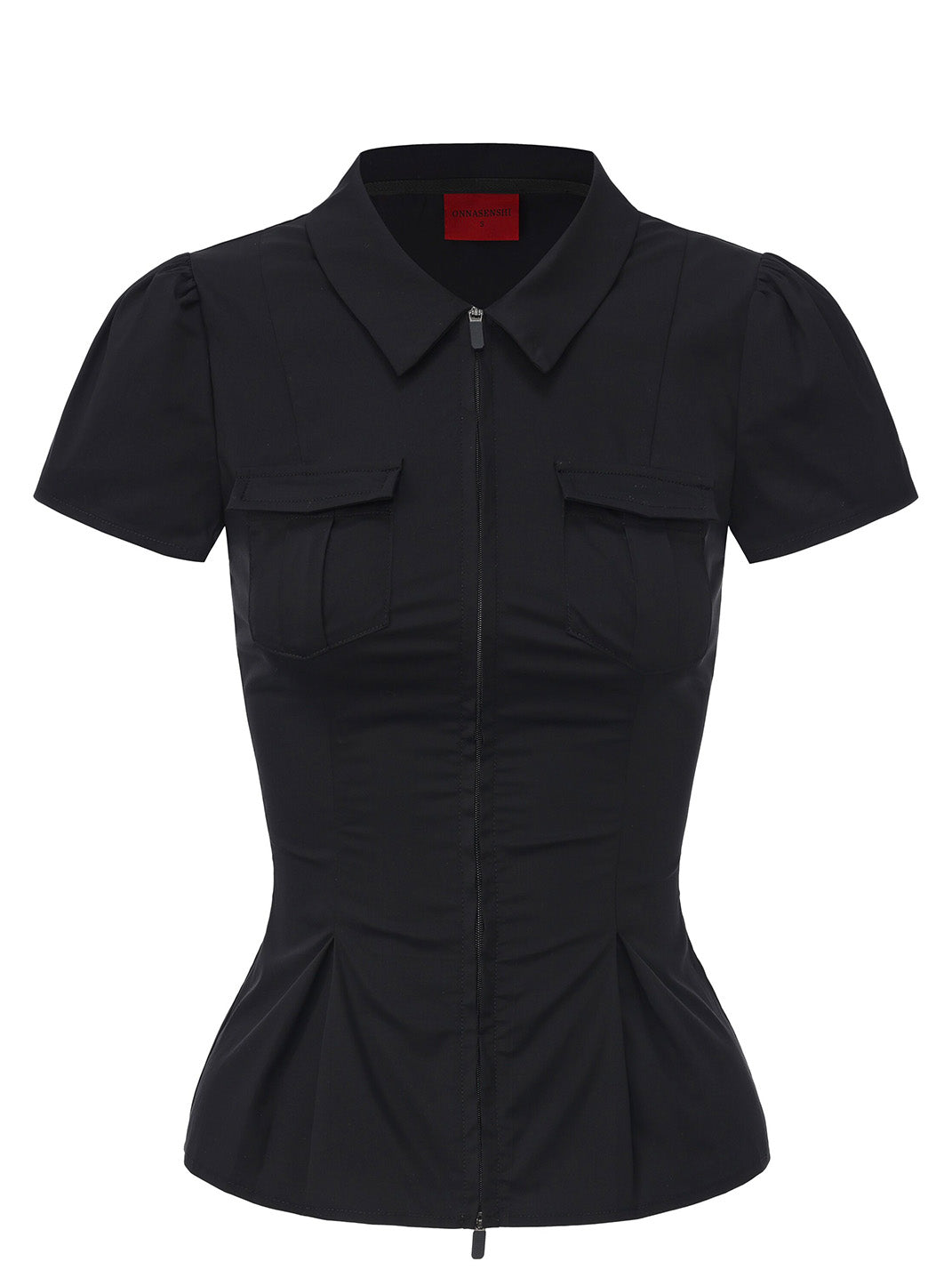Zipper Puff-Sleeve Blouse