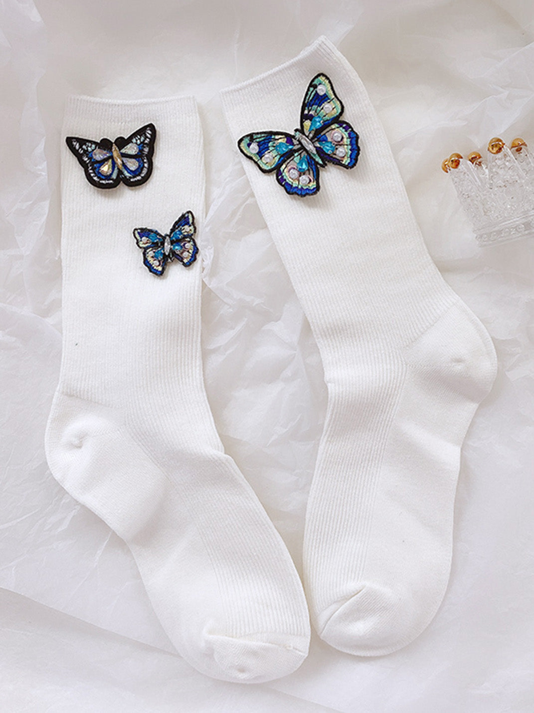 Embroidered Butterfly Pearl Socks