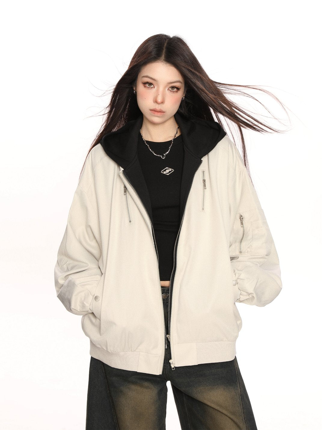 Hooded Bomber Jacket Faux 2 Piece Design
