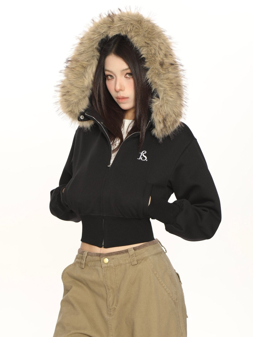 Removable Fur Hooded Cropped Sweatshirt