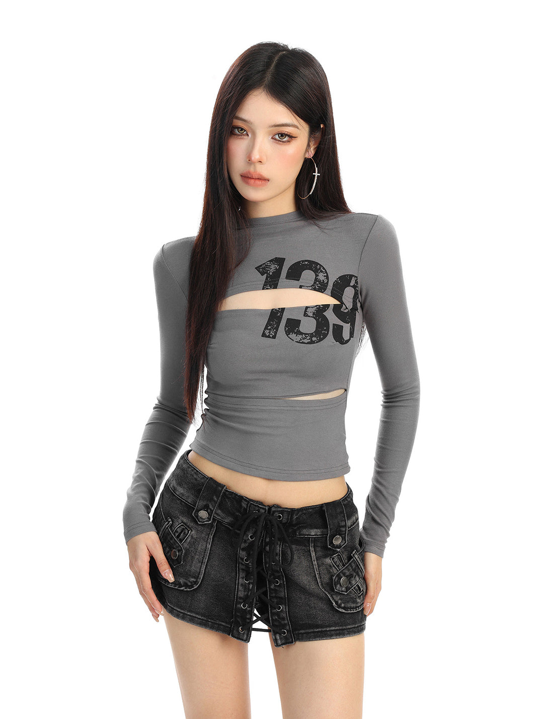 Cutout Number Graphic Long-Sleeve Top