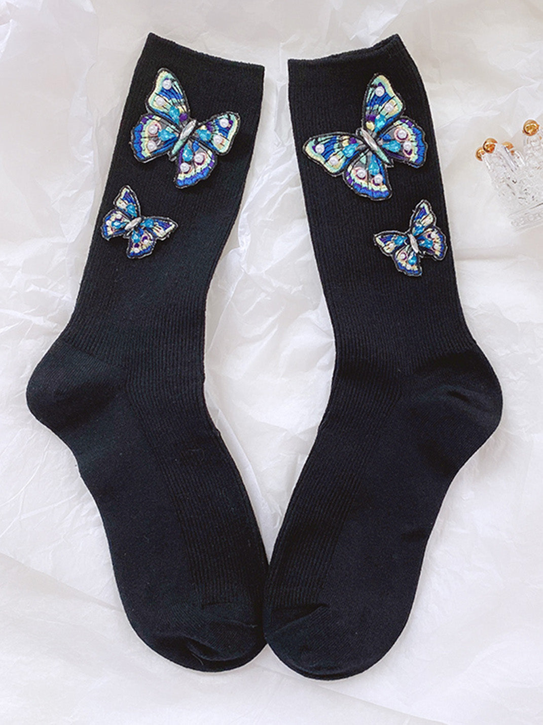 Embroidered Butterfly Pearl Socks