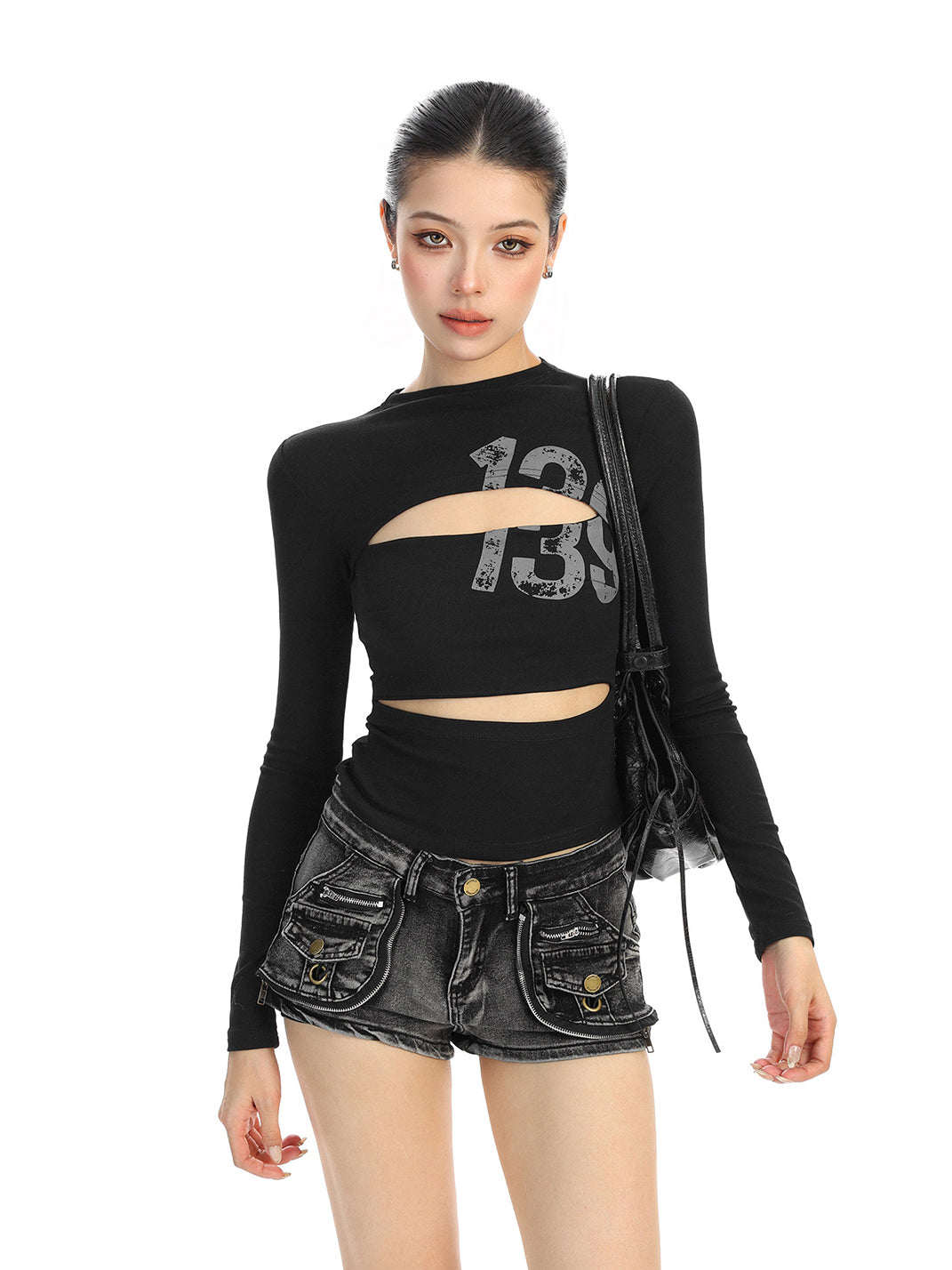 Cutout Number Graphic Long-Sleeve Top