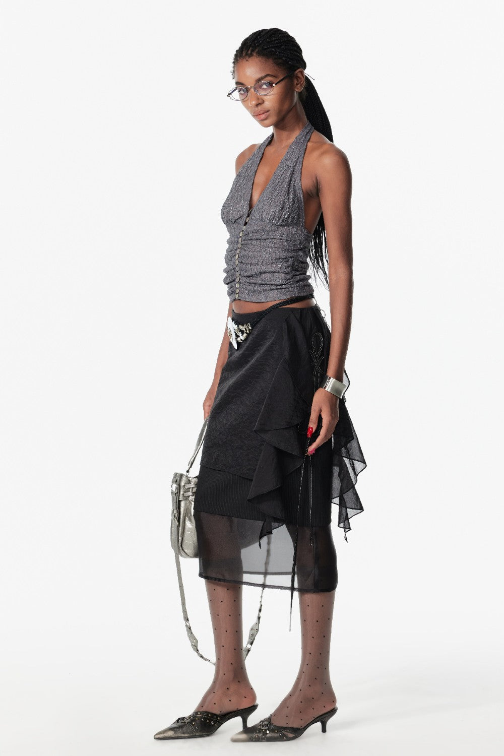 Black Layered Mesh Ruffle Skirt