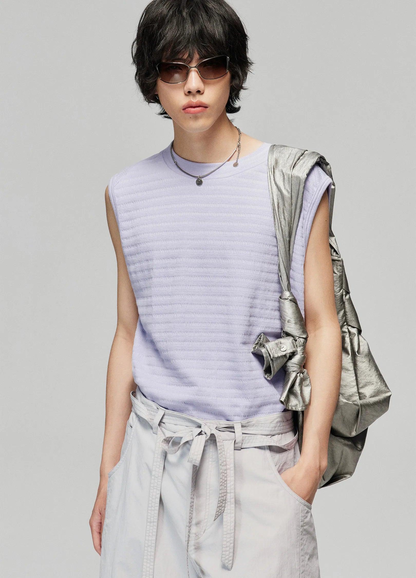 Textured Striped Knit Vest - chiclara