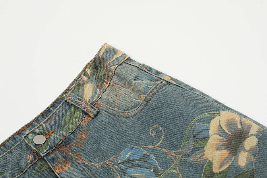 Floral Print Wide-Leg Jeans