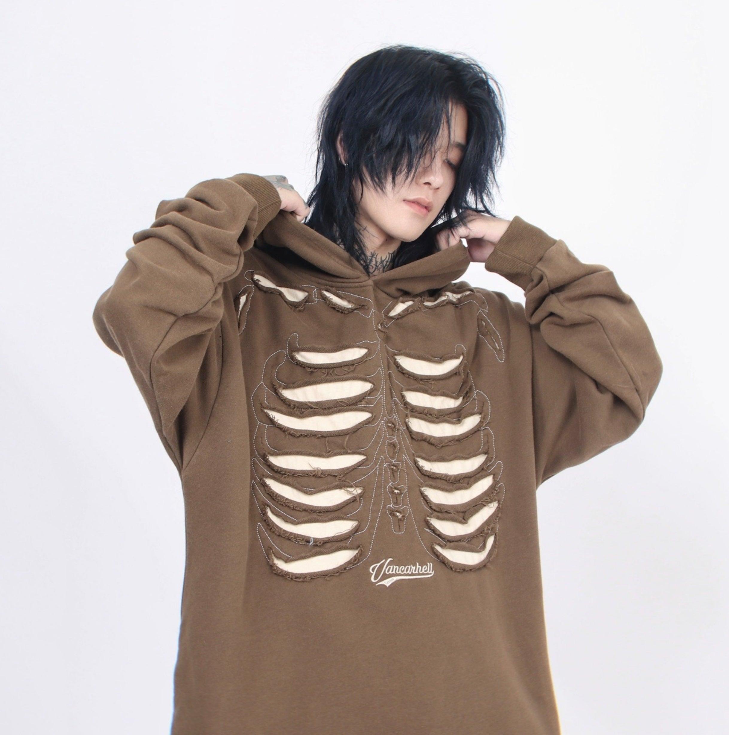 Distressed Skeleton Cutout Hoodie