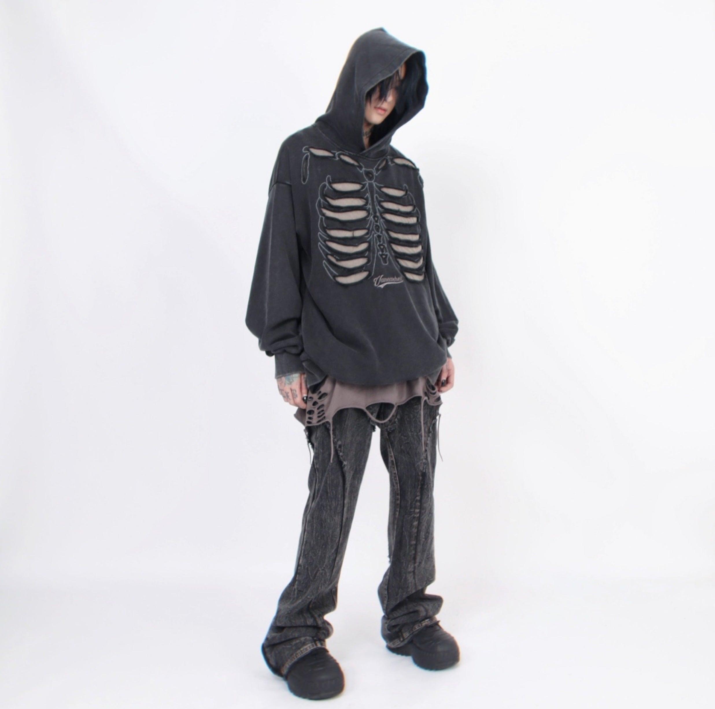 Distressed Skeleton Cutout Hoodie