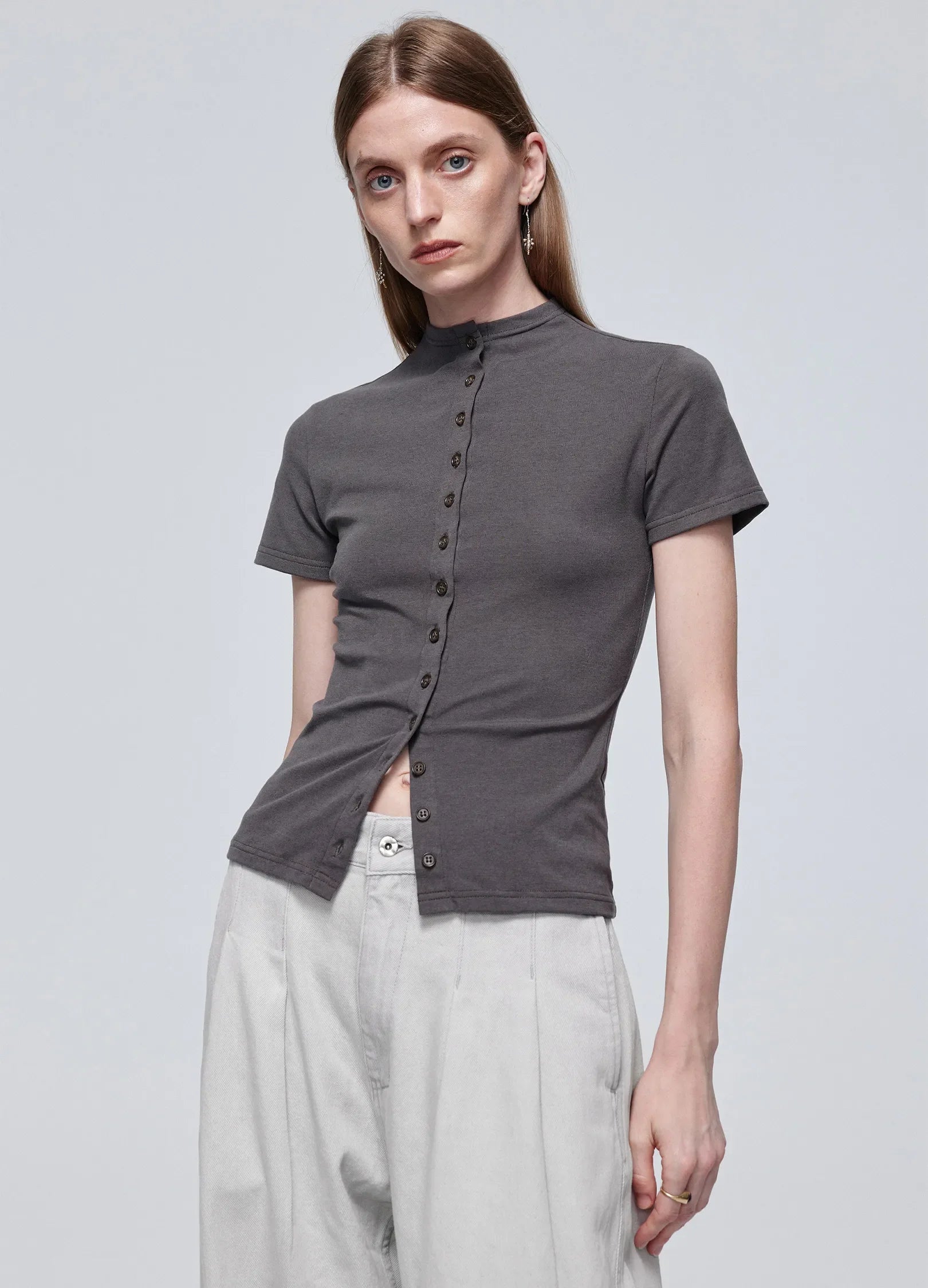 Button Front Mock Neck Top