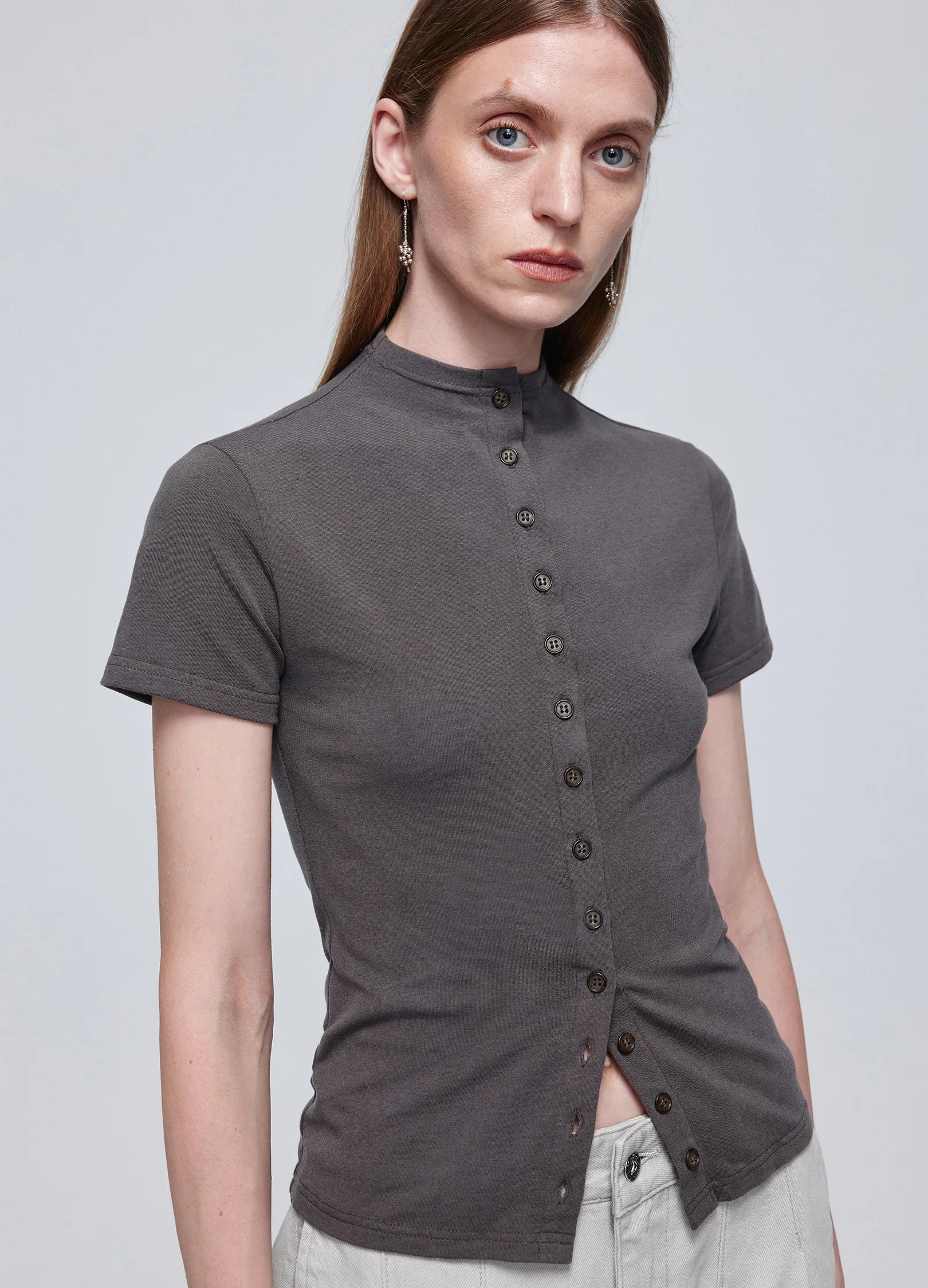 Button Front Mock Neck Top