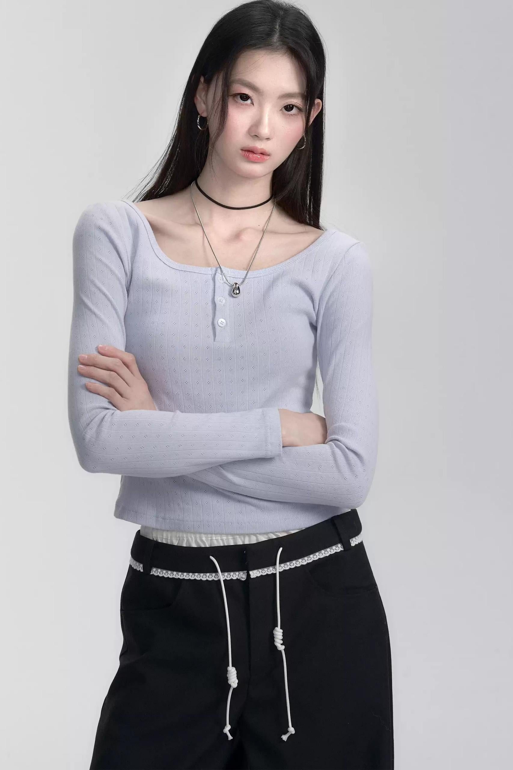 Ribbed Henley Long Sleeve  T-Shirt