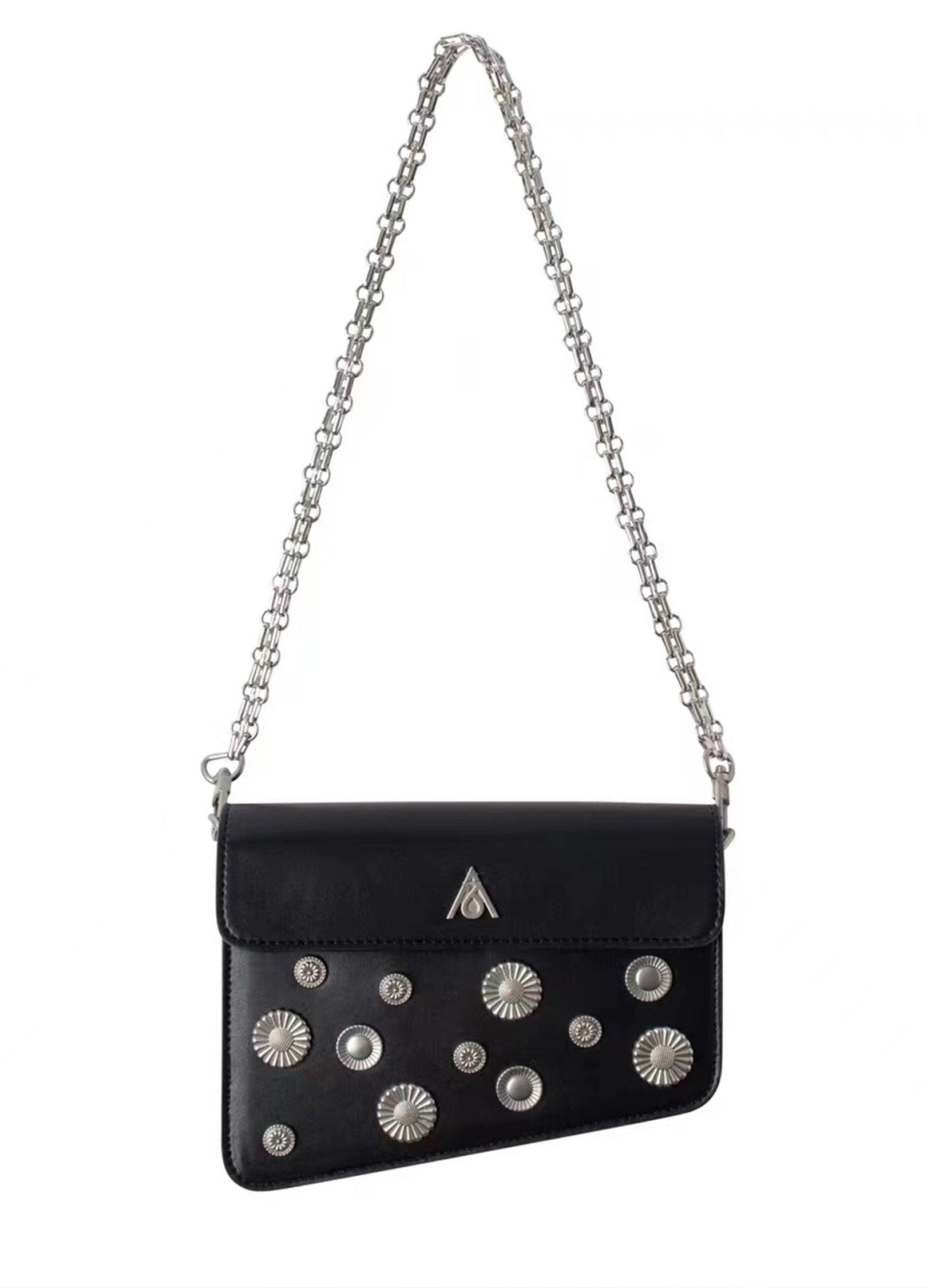 Chic Black Studded PU Leather Shoulder Purse with Chain Strap - chiclara