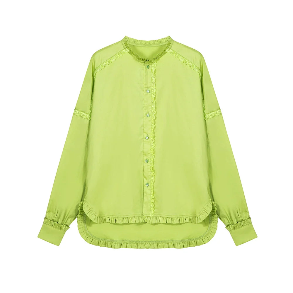 Lime Green Lace Trim Button Down Blouse
