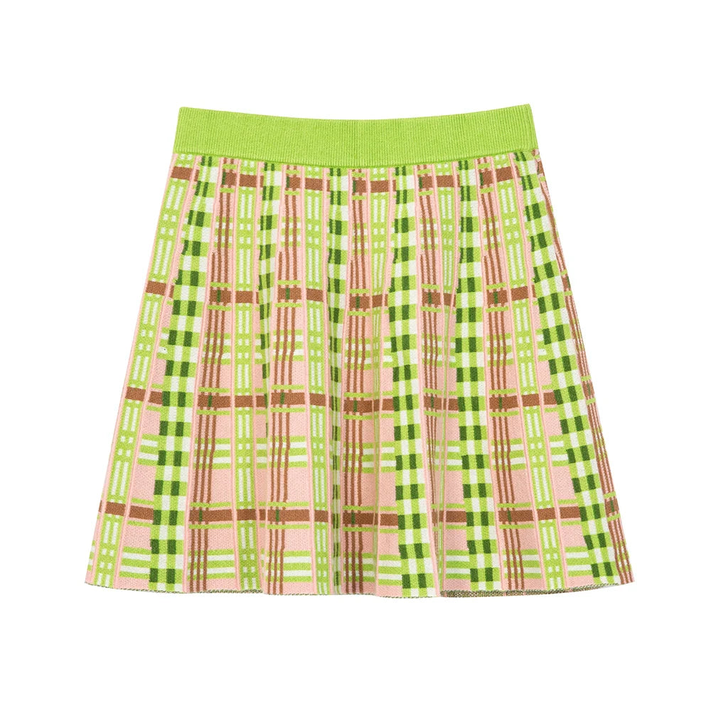 Green Pink Plaid Knit Mini Skirt