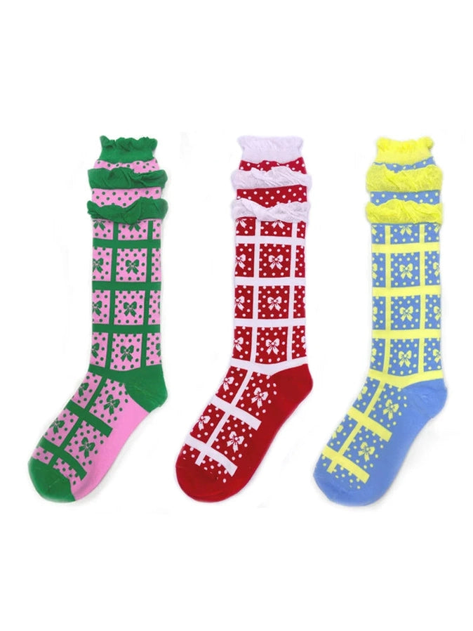 Polka Dot Bow Grid Knee Socks