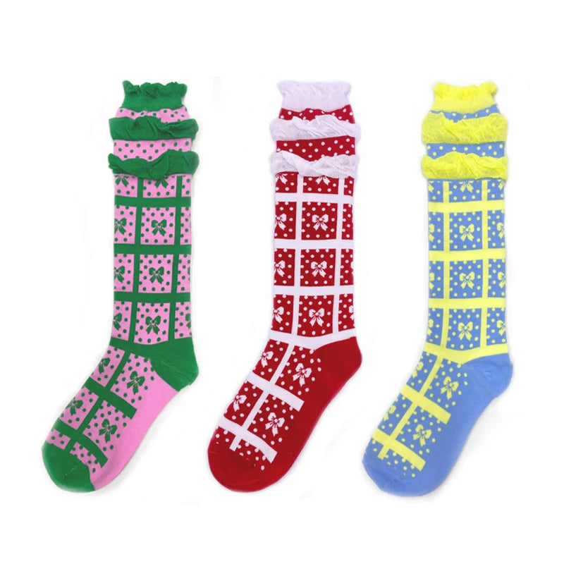 Polka Dot Bow Grid Knee Socks