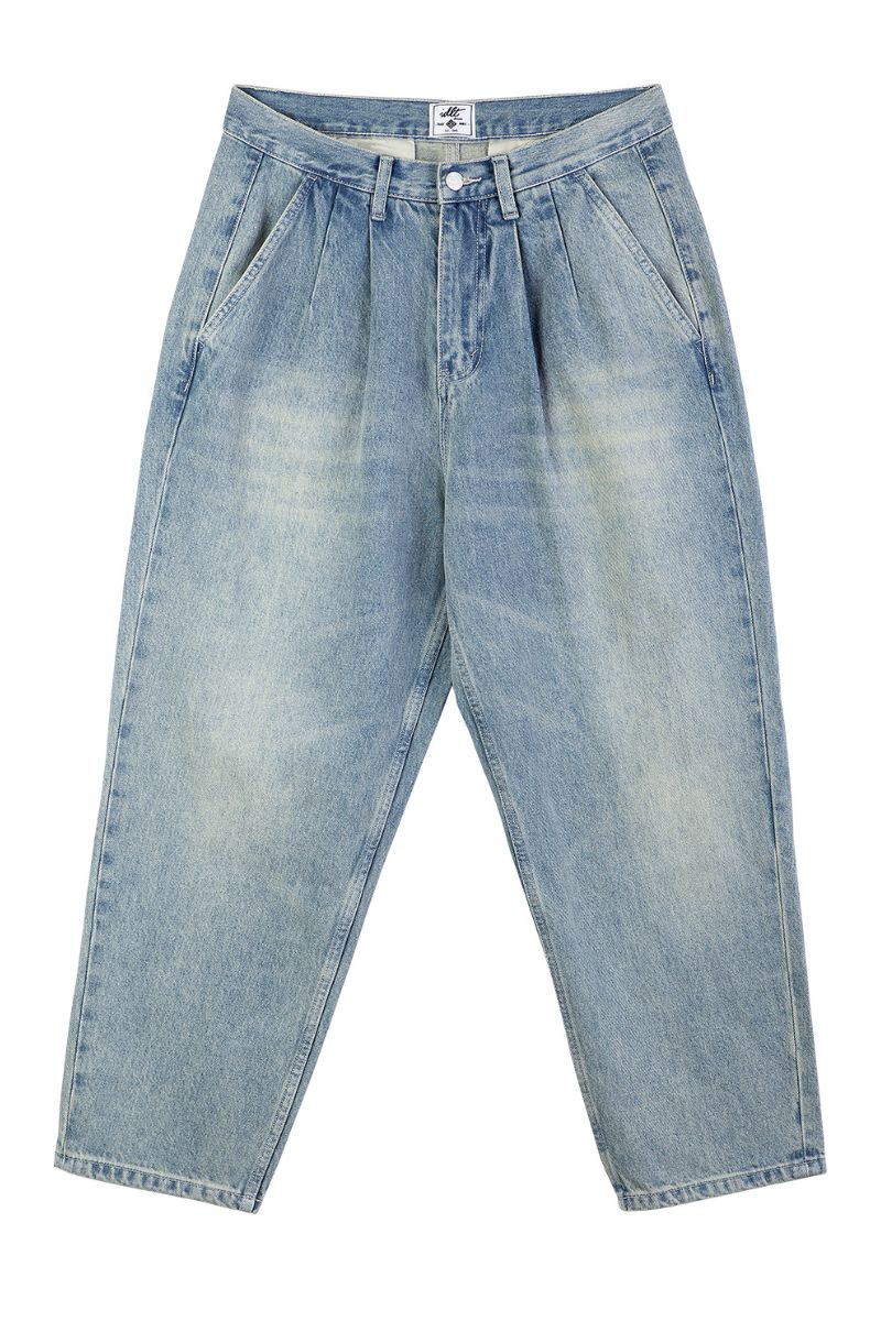 Pleated Loose Fit Jeans with Washed Effect - chiclara