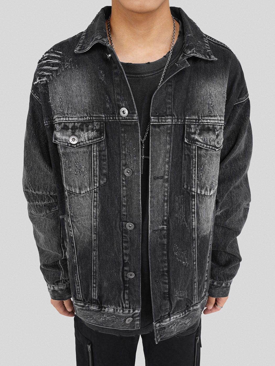 Ripped Washed Black Denim Jacket