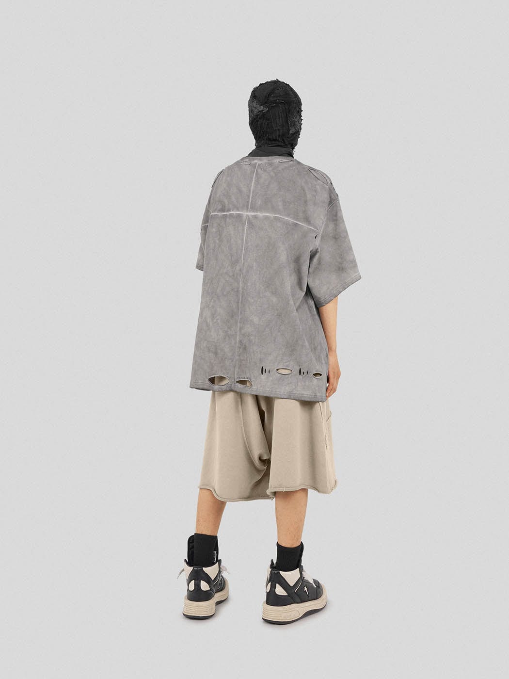 Distressed Gray Zip-Up Oversized T-Shirt