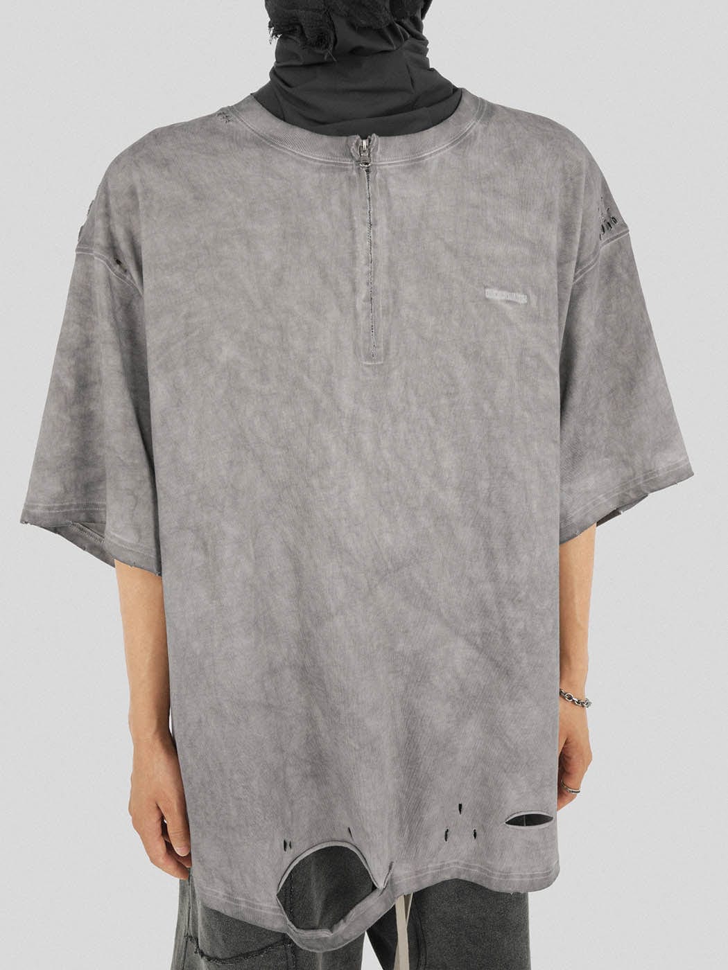 Distressed Gray Zip-Up Oversized T-Shirt