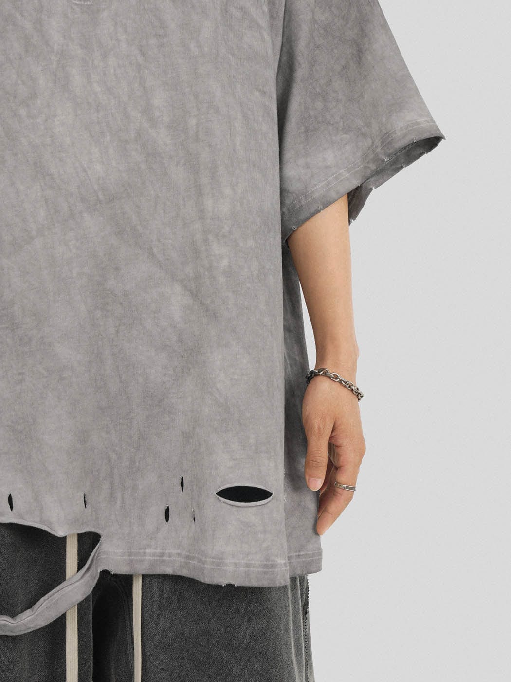 Distressed Gray Zip-Up Oversized T-Shirt