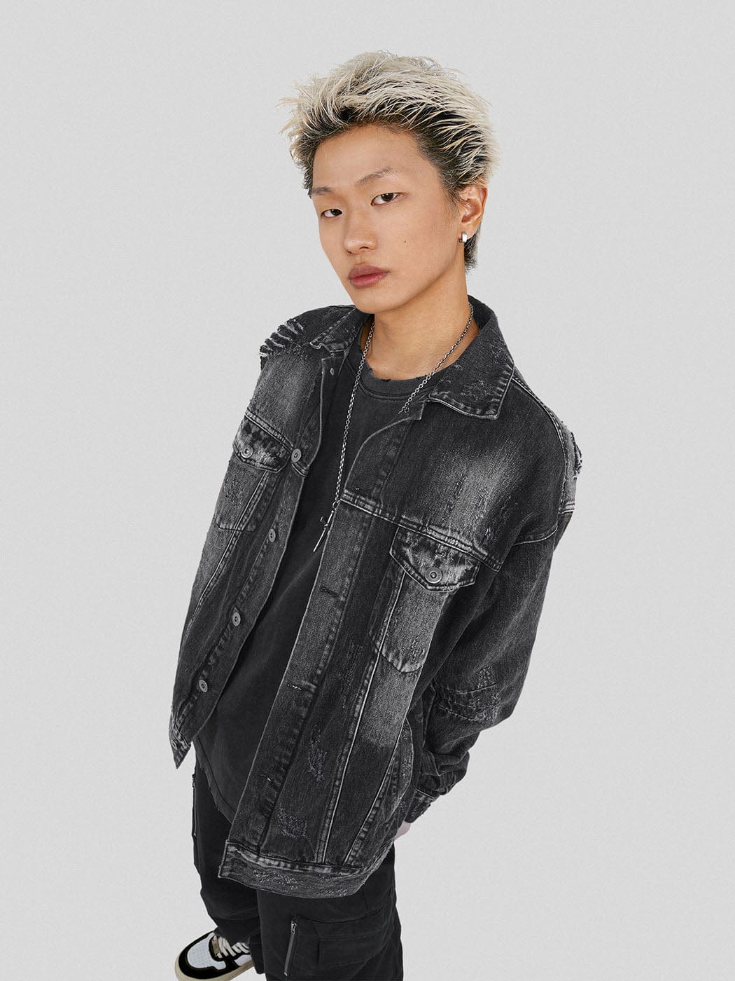 Ripped Washed Black Denim Jacket