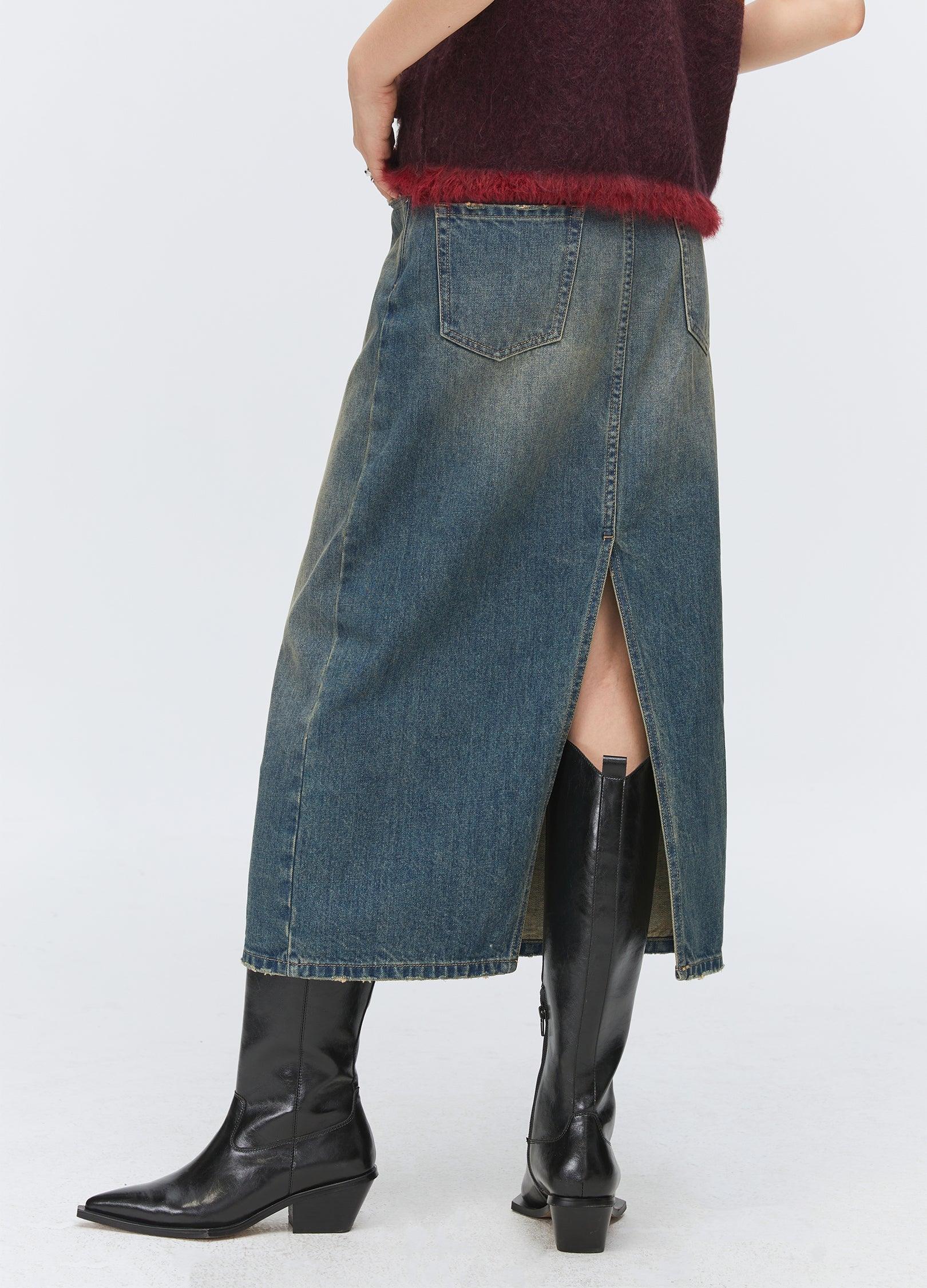 Unisex Washed Denim Split Skirt - chiclara