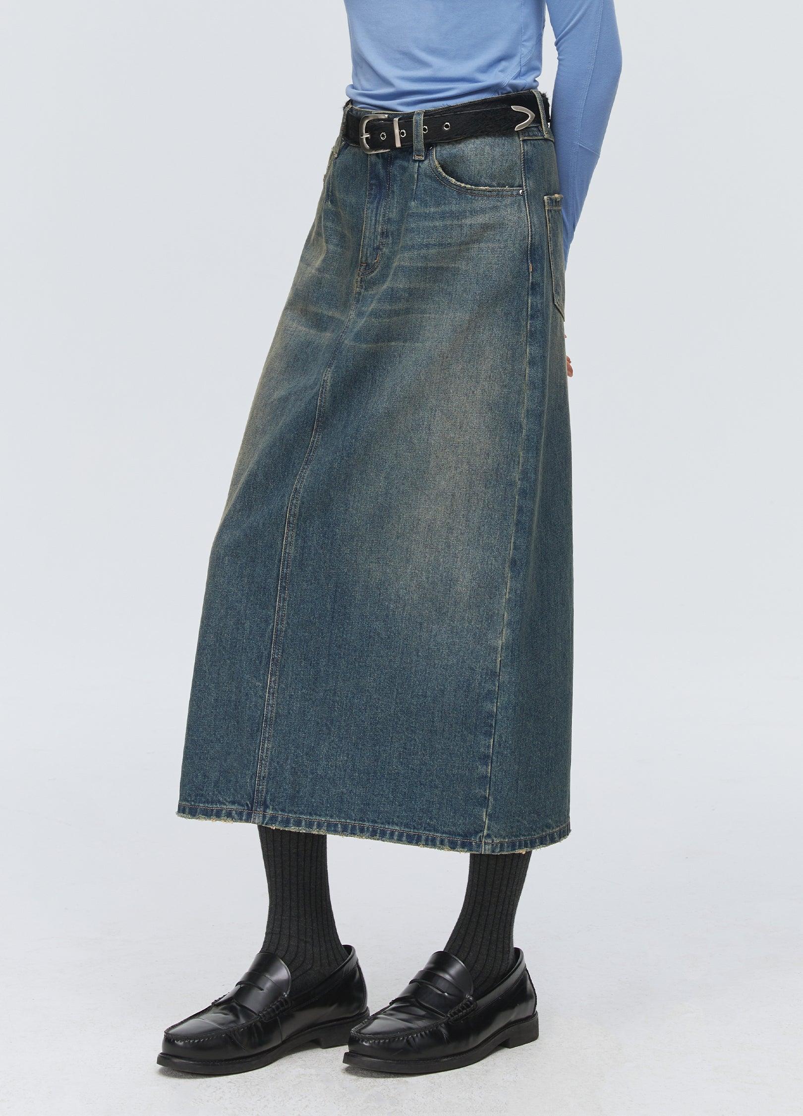 Unisex Washed Denim Split Skirt - chiclara