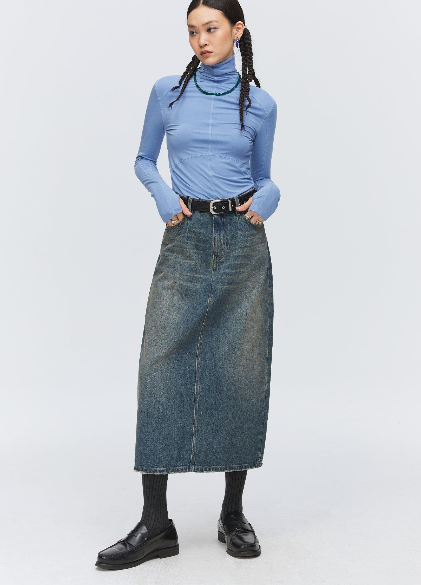 Unisex Washed Denim Split Skirt - chiclara