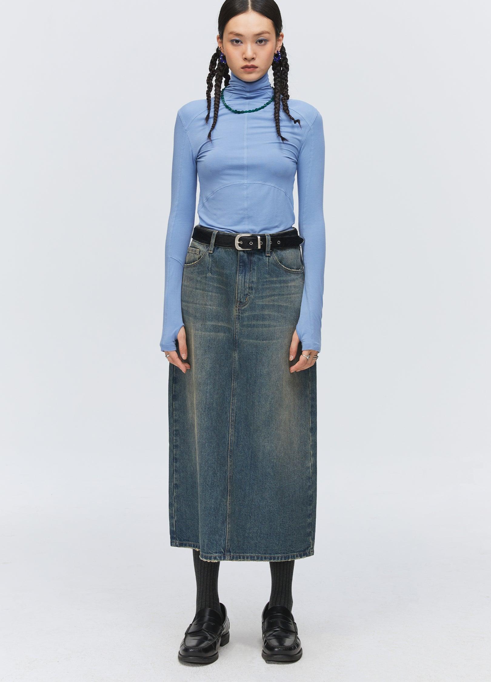 Unisex Washed Denim Split Skirt - chiclara