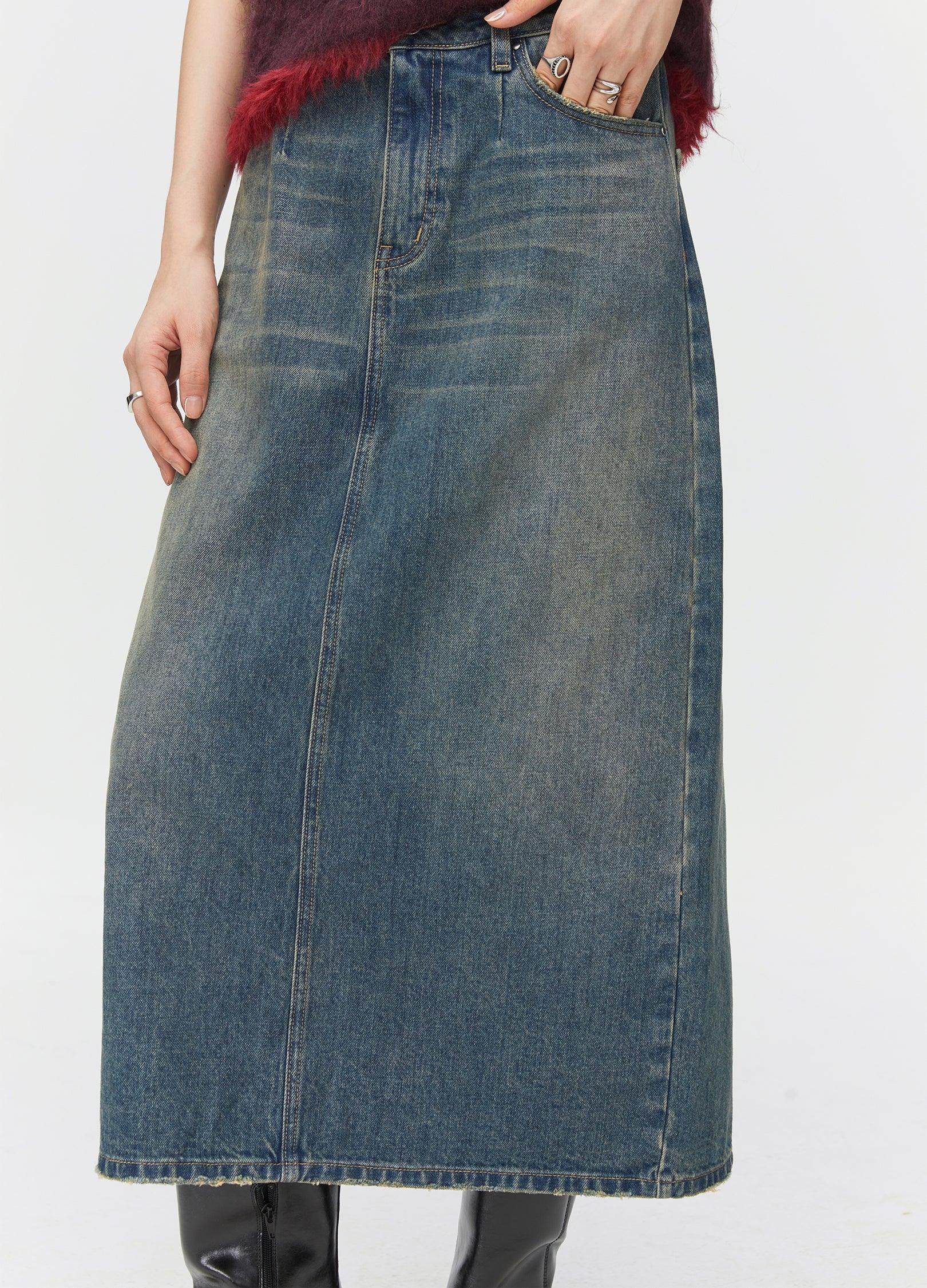 Unisex Washed Denim Split Skirt - chiclara