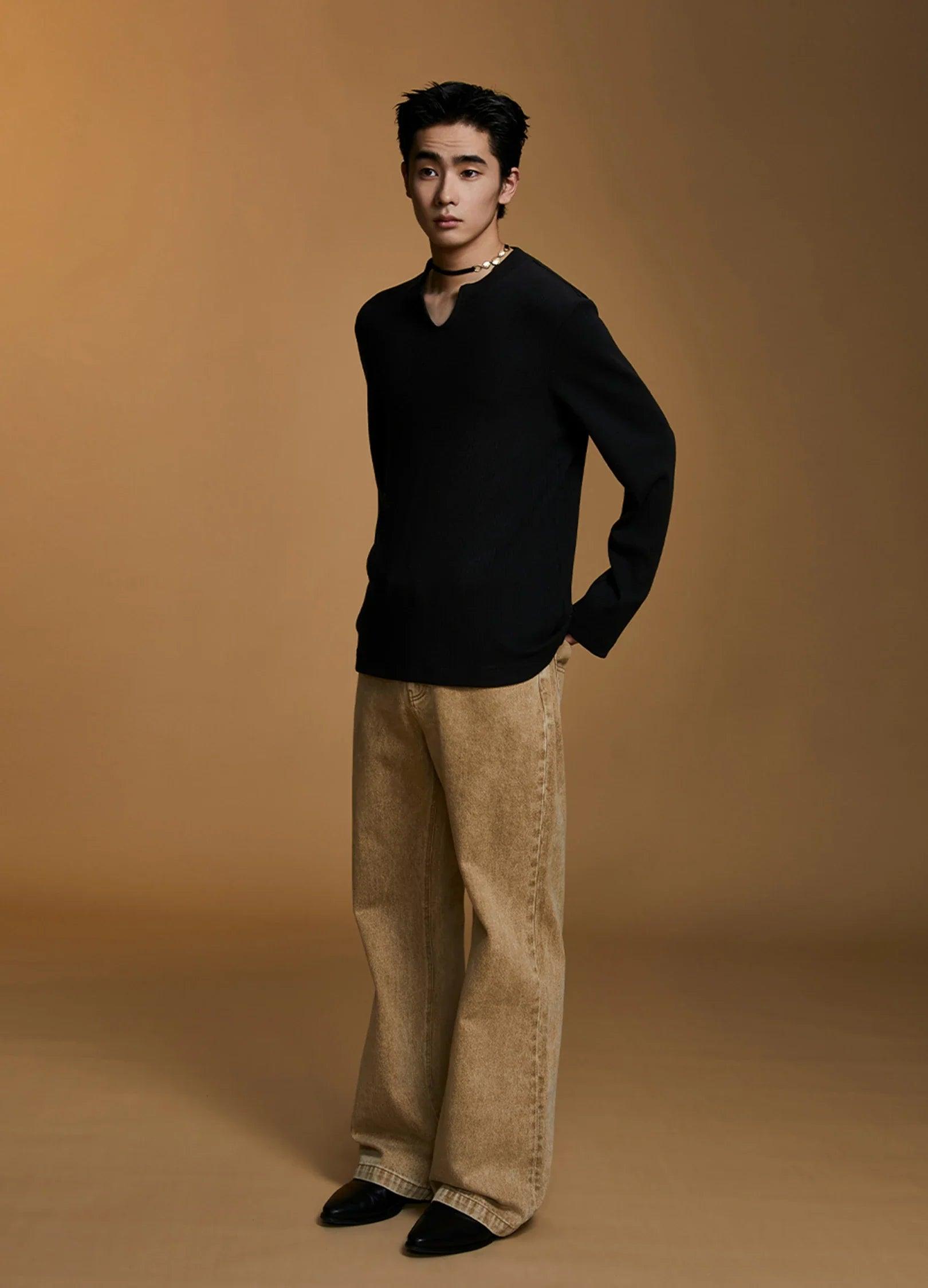 Vintage V-Neck Rib Knit Long Sleeve by OPICLOTH - chiclara
