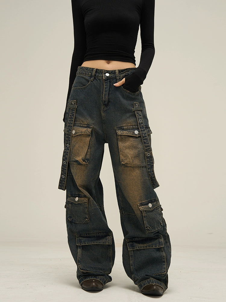Urban Edge Wide-Leg Cargo Denim Jeans - chiclara