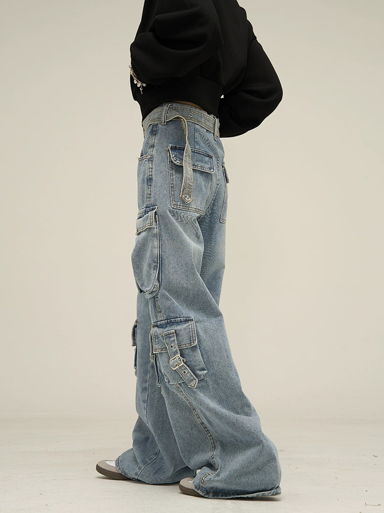 Street Style Wide-Leg Multi-Pocket Denim Jeans - chiclara