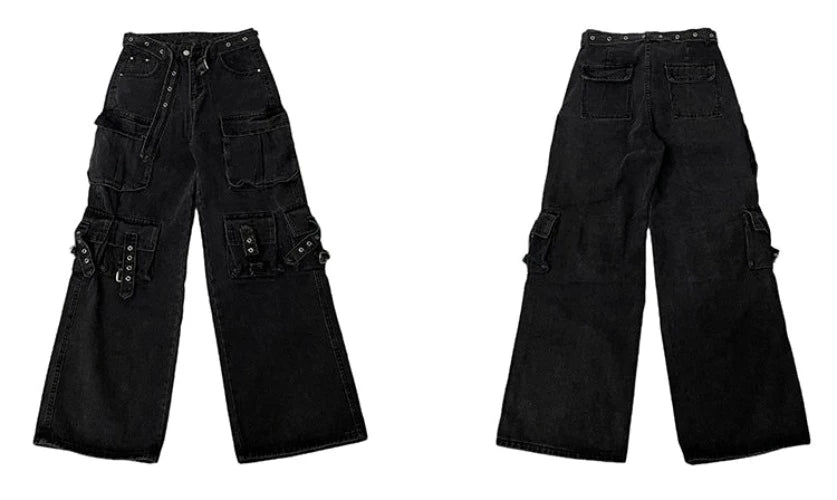 Street Style Wide-Leg Multi-Pocket Denim Jeans - chiclara