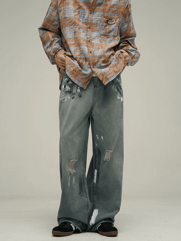 Artistic Wide-Leg Paint Splatter Jeans - chiclara