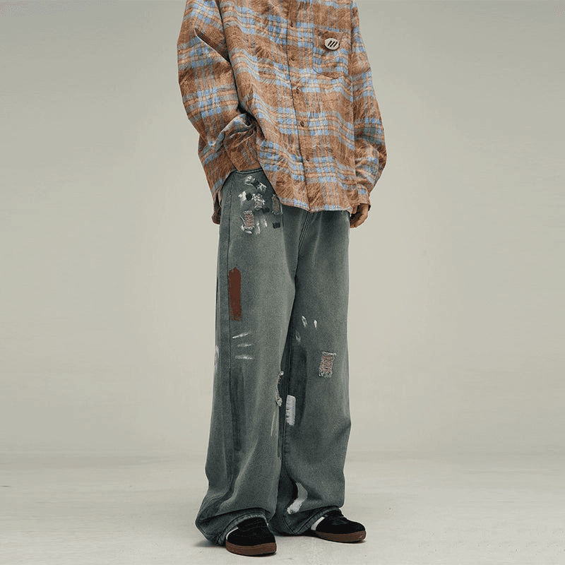 Artistic Wide-Leg Paint Splatter Jeans - chiclara