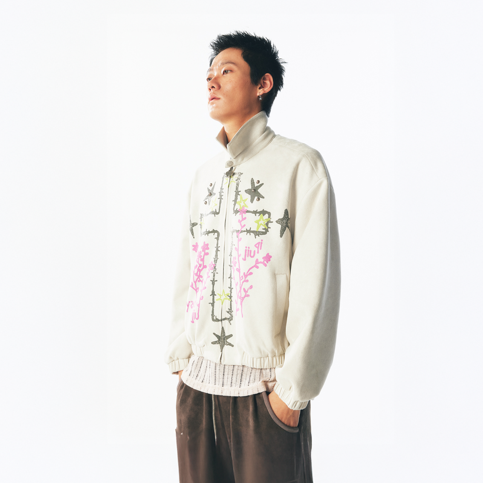 Floral Cross Faux Suede Zip Jacket