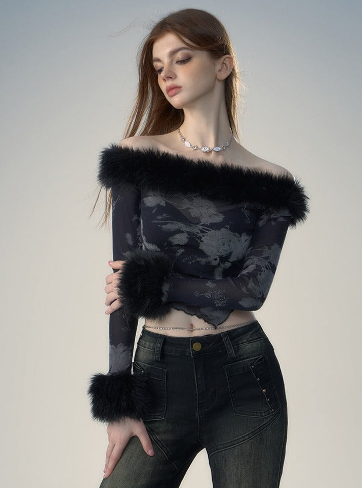 Fur Collar Long Sleeve T-Shirt - chiclara