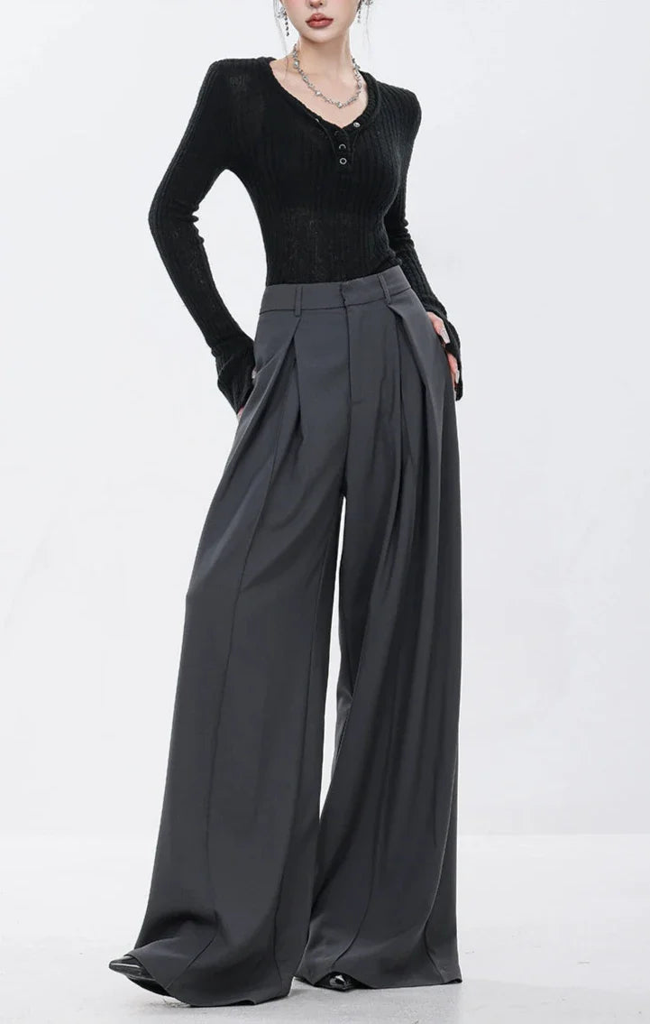 Gray Elegance Wide Leg Pleated Pants