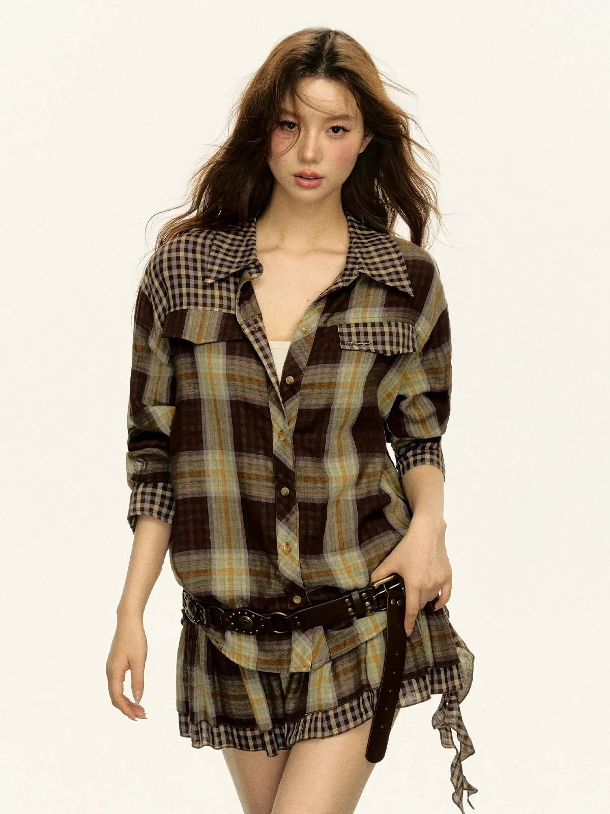 Mixed Plaid Shirt and Pleated Mini Skirt Set