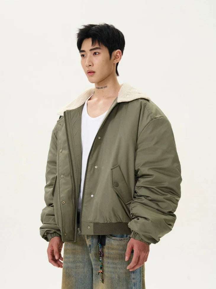 Ruched Sherpa Collar Military Bomber Jacket