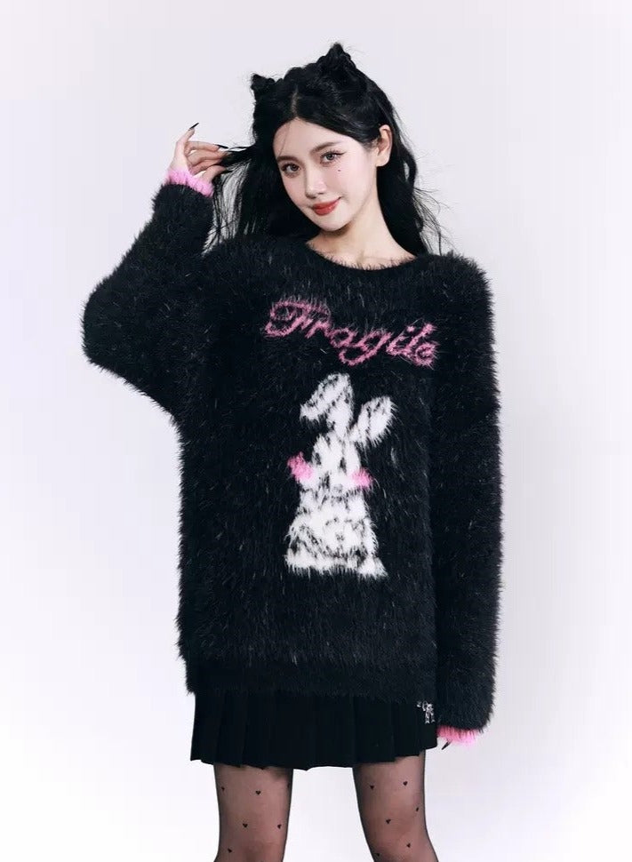 Fuzzy Bunny 'Fragile Heart' Sweater - Black and Pink Fluffy Graphic Jumper