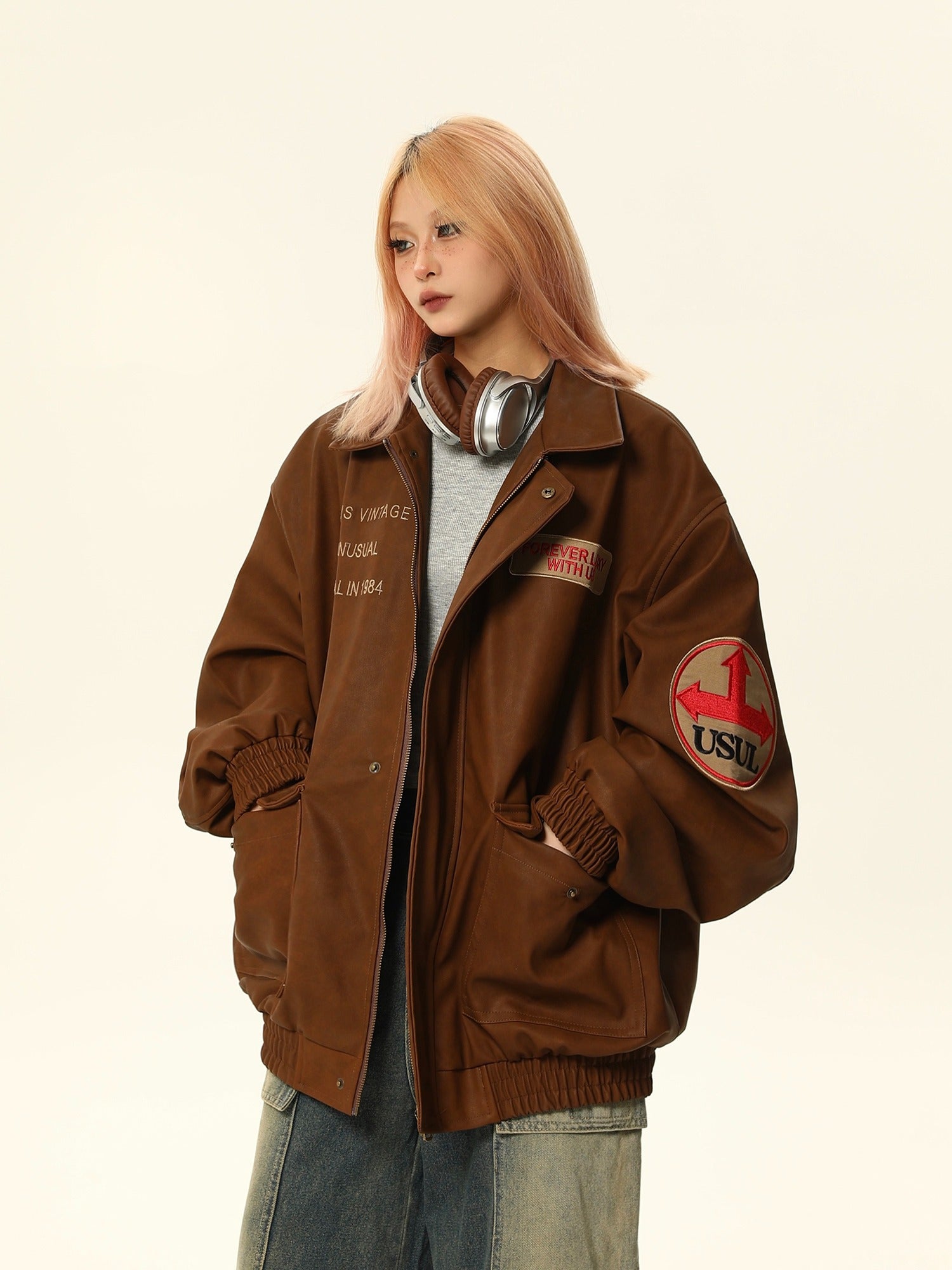 Vintage-Style Brown PU Leather Jacket