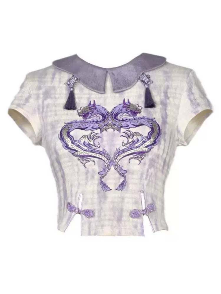 Mirror-Image Dragon Design Cropped Top