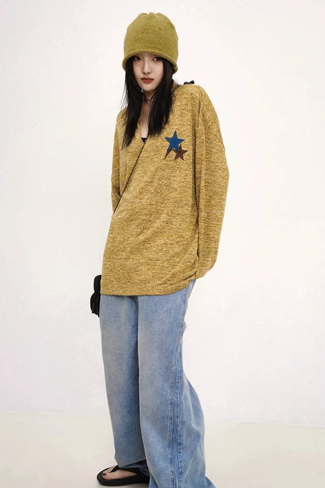 Mustard Yellow Knit Sweater with Star Patch