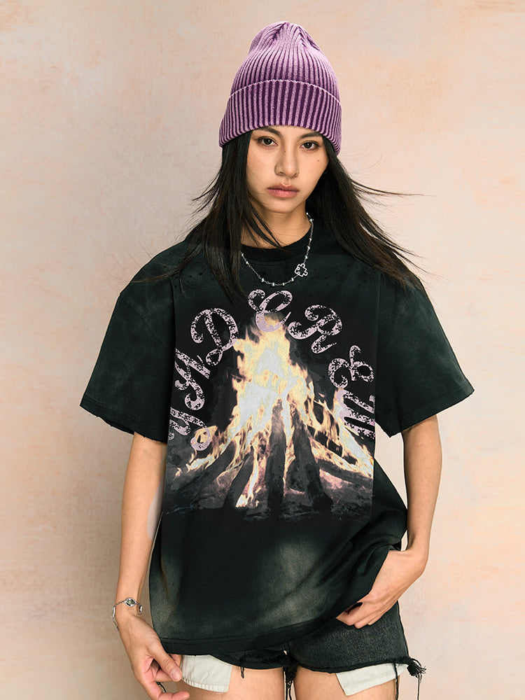 Distressed Fire Washed Frayed Hem Tee - chiclara